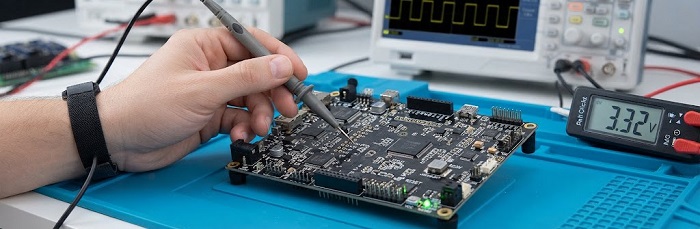 PCB bring-up and prototype board testing on workbench