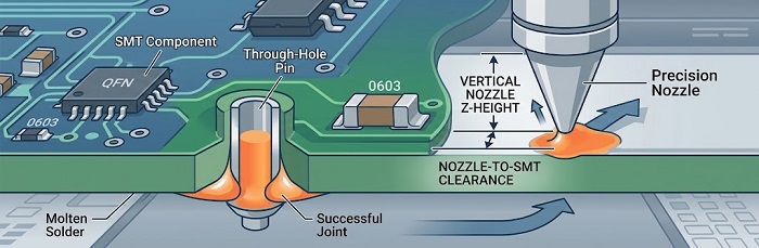 nozzle clearance and SMT component spacing in selective soldering