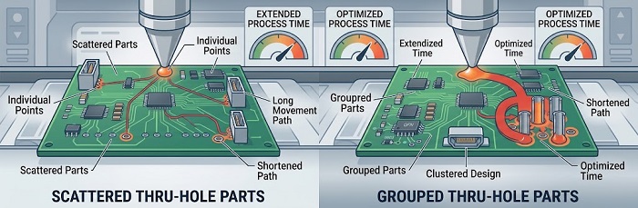 through hole part placement scattered vs grouped layout