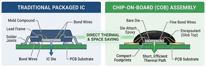 Comparison of packaged IC versus Chip-on-Board structure