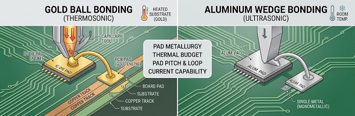 Gold ball bonding versus aluminum wedge bonding
