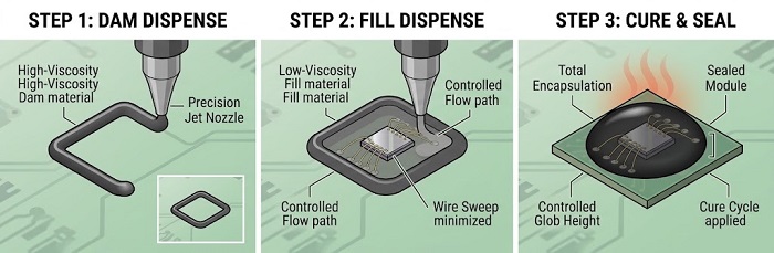 Dam-and-fill encapsulation process control