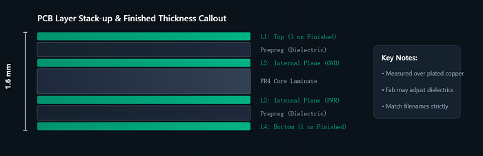 PCB layer stack-up cross section with thickness and layer mapping details