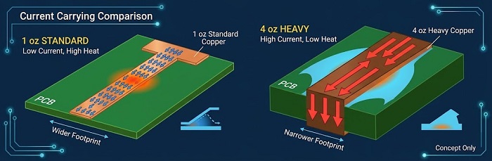Comparing current flow in standard vs heavy copper traces.