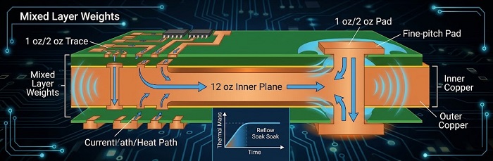 Illustration of a hybrid PCB with varying copper weights across layers.