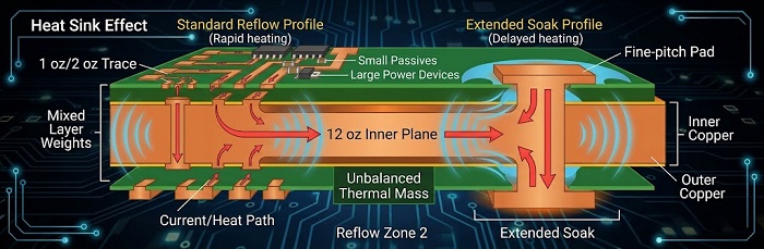 Reflow soldering thermal dynamic illustration on heavy copper vs standard pads.