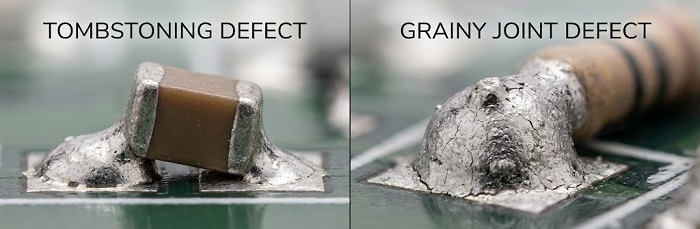 Split view of a tombstoning defect and a grainy solder joint.