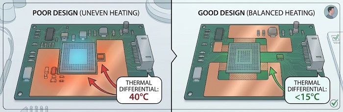 Graphic comparing poor and good DFM for thermal profiling.