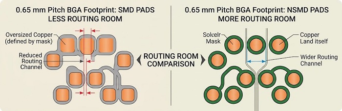 Routing room for BGA pads