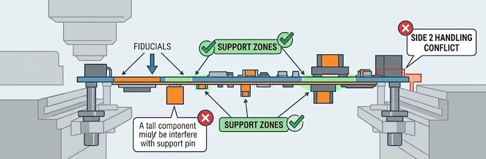 A cross-section diagram of a fully populated assembly panel (multiple boards connected by routing) sitting upside down on support pins inside a screen printer or placement machine.